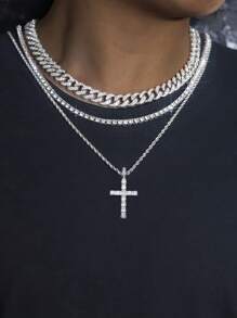 2PCS Necklace Paired With Vintage Cross Pendant Necklace Made Of Rhinestone Material Fashionable Vintage Set Birthday Gift For Men