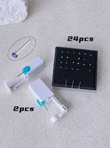 26 buc/1 set Kit de piercing la nas steril, pistol de unică folosință pentru dureri reduse, știft pentru nas încorporat cu culori roz/alb/negru/violet/albastru cer/roșu, 20G (24 bucăți asortate de știfturi pentru nas drepte cu mreană, cu pietre prețioase colorate aleatoriu), potrivite pentru Bărbați, femei și studenți pentru instrumente și accesorii de frumusețe pentru piercing
