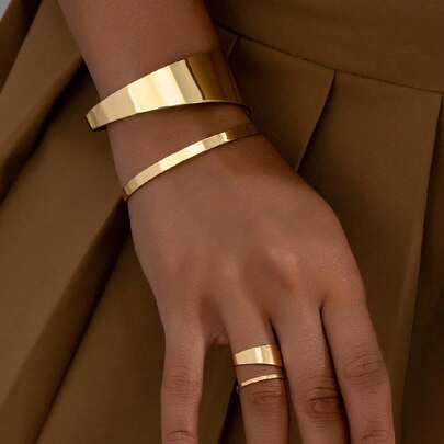 1 Set Simple And Versatile Geometric Hollow Double Layer Bangle And Ring Women's Jewelry Set, Holiday Gift