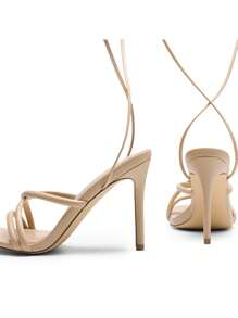 Women Strappy Tie Leg Design Heeled Sandals, Fashionable Square Toe Lace Up Stiletto Heeled Sandals - Màu be - Xem 6