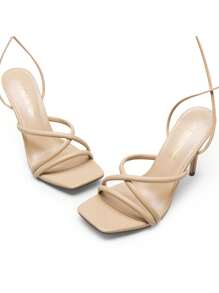 Women Strappy Tie Leg Design Heeled Sandals, Fashionable Square Toe Lace Up Stiletto Heeled Sandals - Màu be - Xem 7
