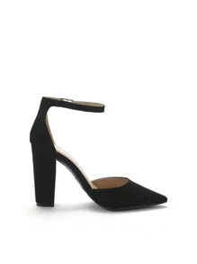 Women Ankle Strap Chunky Heel High Heels Pumps Closed Pointed Toe Fashionable Elegant Wedding Pump Shoes - Da lộn màu đen - Xem 3