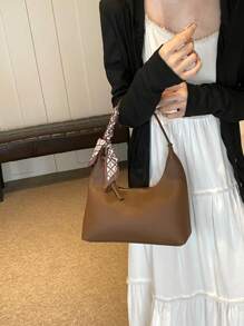 Minimalist Women's Shoulder Bag With Scarf - Coffee Brown - View 7