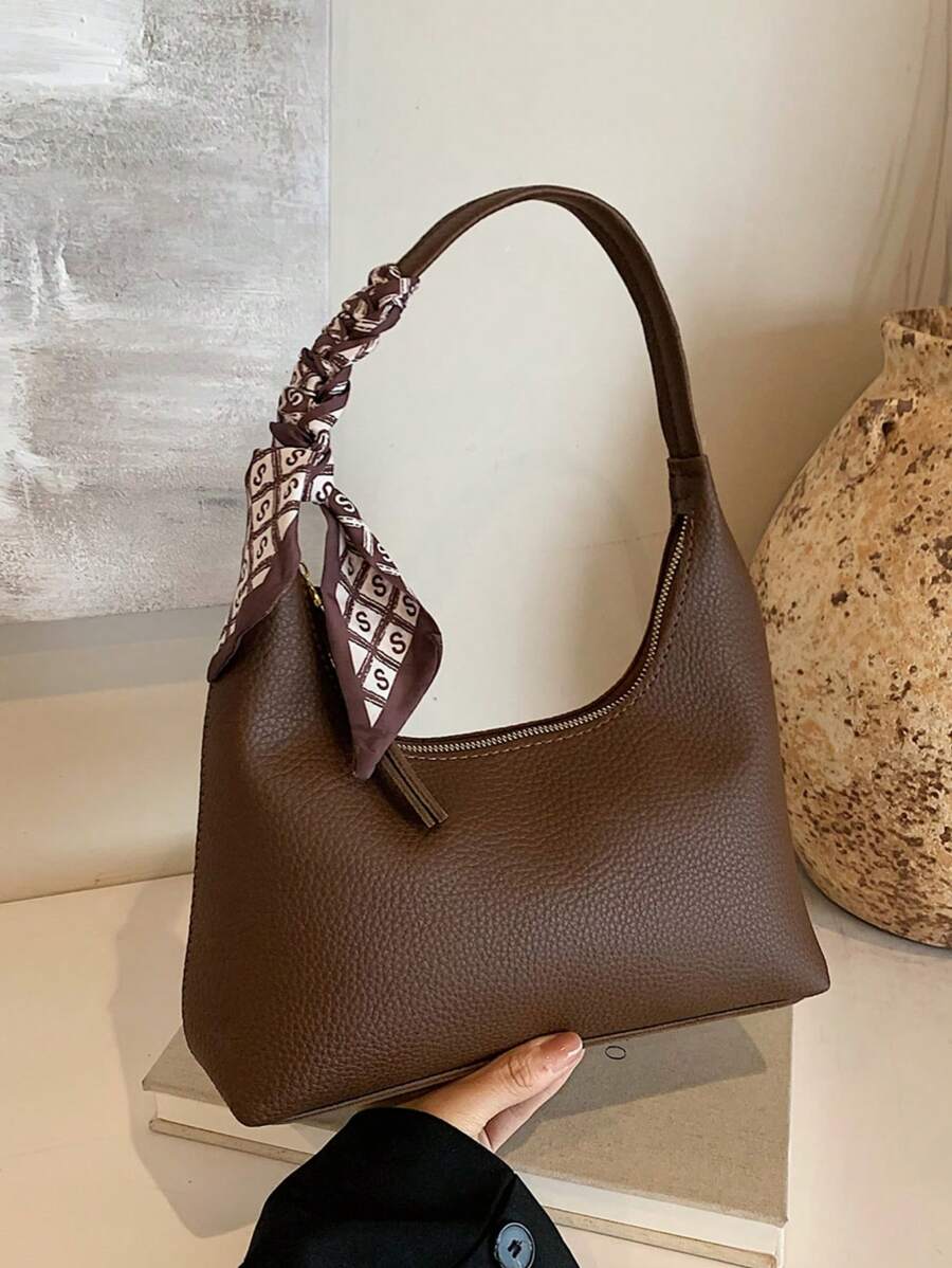 Minimalist Women's Shoulder Bag With Scarf - Coffee Brown - View 1