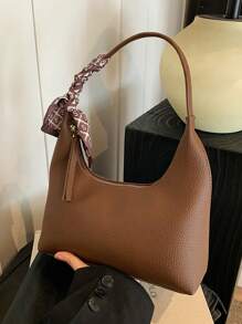 Minimalist Women's Shoulder Bag With Scarf - Coffee Brown - View 3