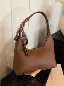Minimalist Women's Shoulder Bag With Scarf - Coffee Brown - View 2