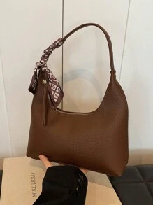 Minimalist Women's Shoulder Bag With Scarf - Coffee Brown - View 5