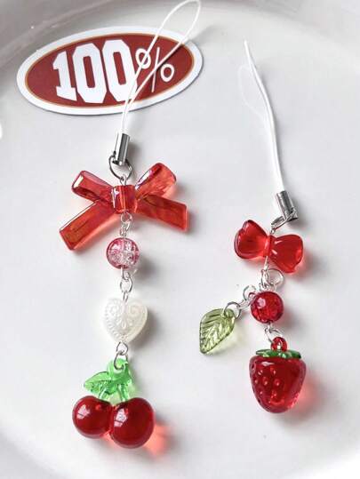 红樱桃草莓链吊坠，可用作卡片、包、手机和钥匙，适合送给母亲、家人、朋友、生日、节日的礼物，手机饰品，手机链