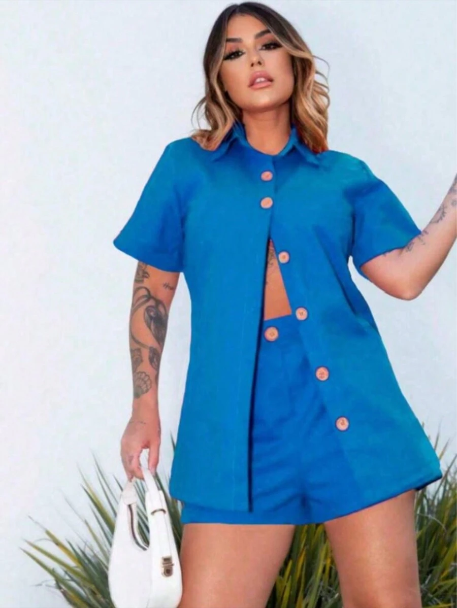 Linen Set / Shirt And Shorts / With Elastic Waistband Suzi Mada - Xanh đậm - Xem 1
