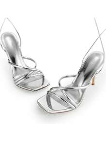 Women Strappy Tie Leg Design Heeled Sandals, Fashionable Square Toe Lace Up Stiletto Heeled Sandals - 銀色 - 查看 7