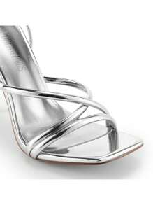 Women Strappy Tie Leg Design Heeled Sandals, Fashionable Square Toe Lace Up Stiletto Heeled Sandals - 銀色 - 查看 8
