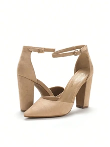 Women Ankle Strap Chunky Heel High Heels Pumps Closed Pointed Toe Fashionable Elegant Wedding Pump Shoes - 杏色 - 查看 6
