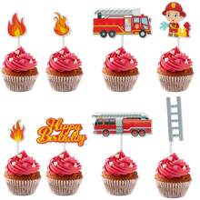 1 set Decoración de pastel de camión de bomberos con figura de bombero y camión de bomberos para fiesta de cumpleaños - Multicolor - Ver 6