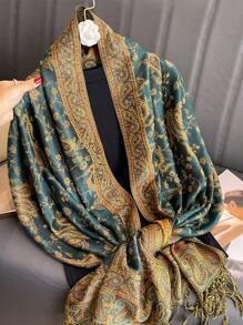 1条女士波西米亚风复古佩斯利提花羊绒围巾，休闲优雅的秋冬披肩，适合日常穿着 - 黃綠色 - 查看 4