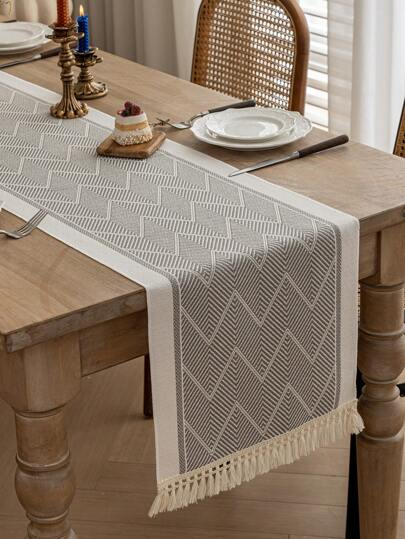1pc Table Runner, Grey Wave Pattern, Waterproof Fabric, Fringe Edge, Suitable For Home, Party, Hotel, Restaurant Table Decoration