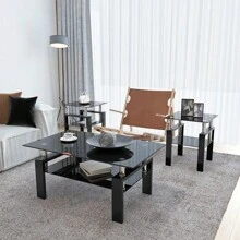 Modern Rectangle Black Glass Coffee Table And Side Center Tables For Living Room With Metal Legs