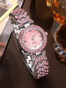 1 Đồng hồ thạch anh khảm đá quý màu hồng thời trang dành cho nữ và 4 bộ trang sức đá quý hình trái tim màu hồng, thích hợp để đeo hàng ngày trong ngày lễ tình nhân - Hồng - Xem 2