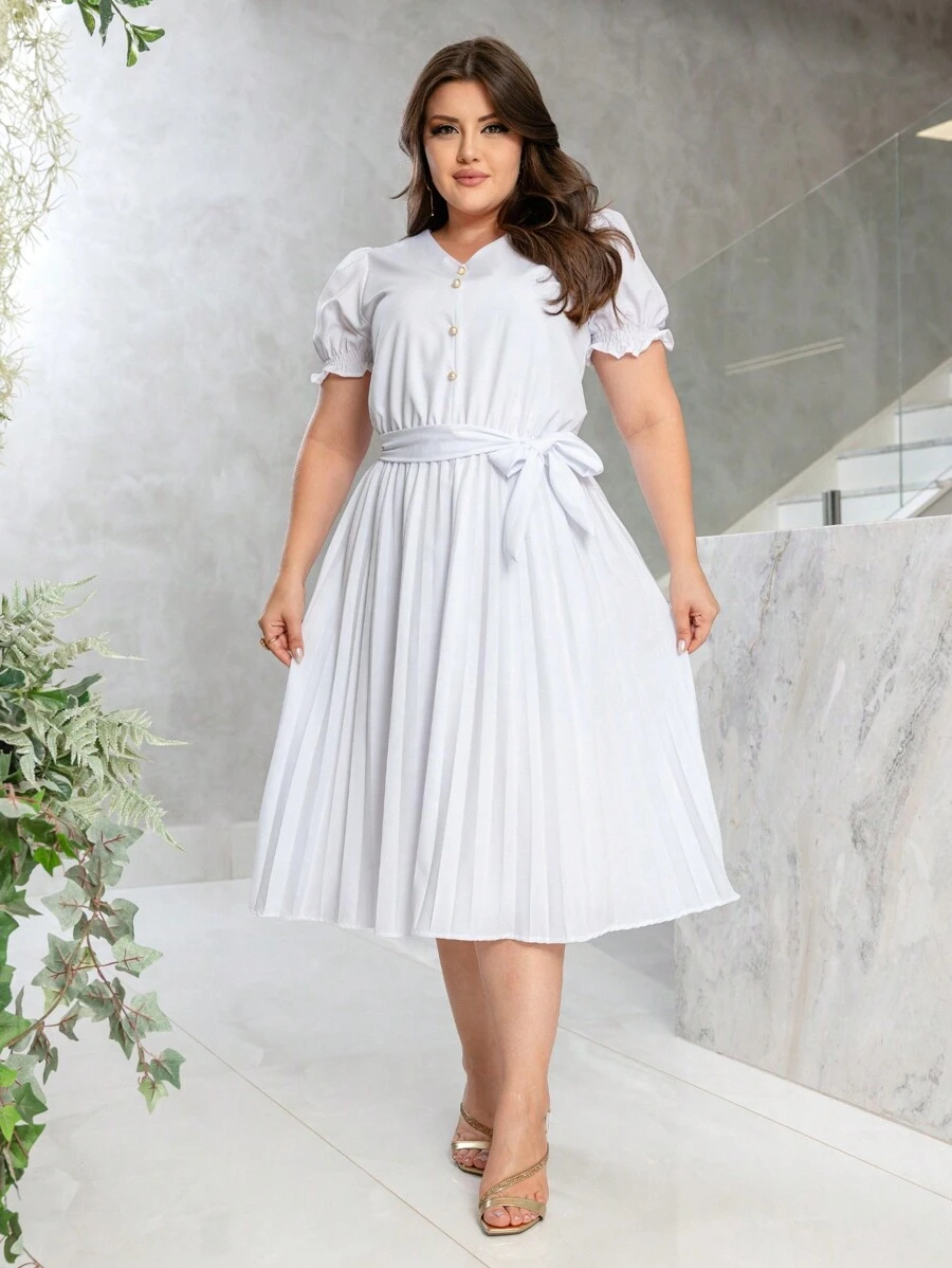 vestido gode estampado plisado com faixa