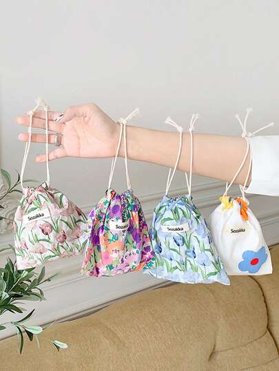 2 件时尚布艺花束化妆包简约耐用便携存放化妆品和杂物小收纳包女生外出约会