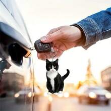 1pc Acrylic Black And White Cute Cat Keychain - A - View 4