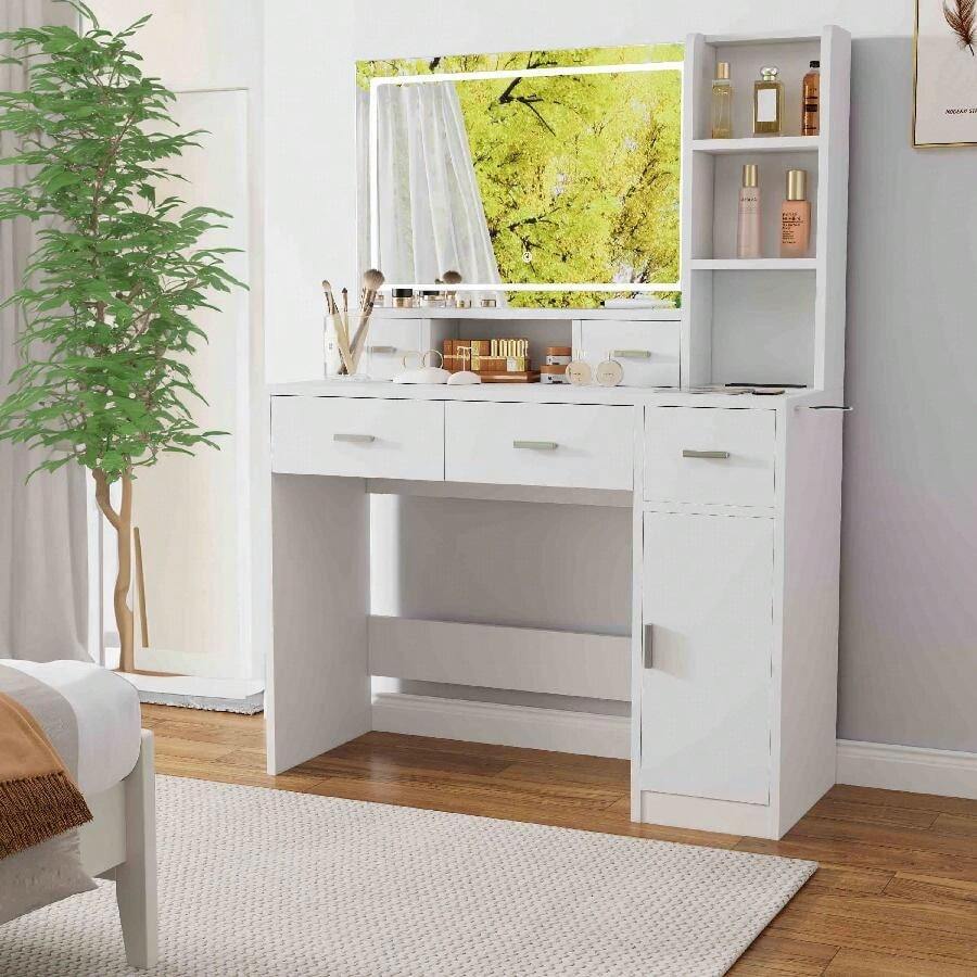 Vanity Desk Set With Large LED Lighted Mirror & Power Outlet, Makeup Vanity With 5 Drawers And Cabinet, 3 Color Modes & Adjustable, Stylish Bedroom Makeup Table Set, Modern White - 白色 - 查看 1
