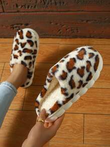 潮流时尚感豹纹家居室内外情侣防滑女士半包毛拖鞋 - 白棕色 - 查看 1