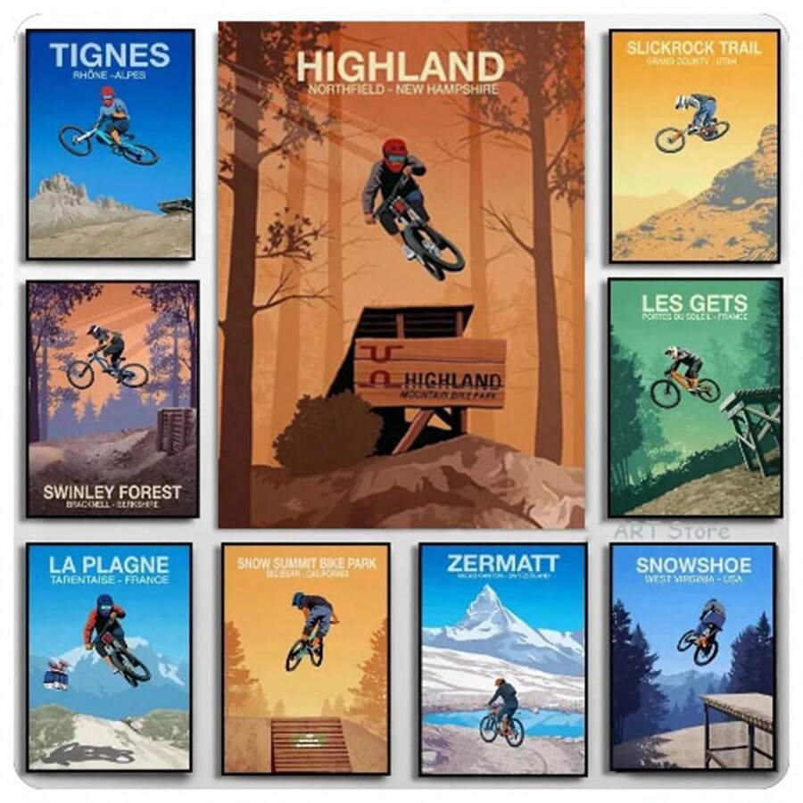 1PC Sport Mountain Bike Riding Canvas Painting MTB Wall Art Picture Abstract Retro Travel Landscape Mountain Biker Poster Home Decor Unframed - Blue - View 1