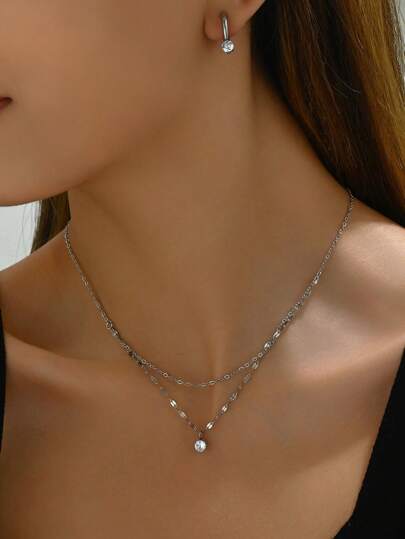 Set de joyería de 3 piezas con collar y aretes de acero inoxidable con 6 garras y rhinestones, de estilo minimalista y de moda