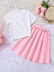 Tween Girl Cartoon Printed Short Sleeve T-Shirt And Waist-Tied Skirt