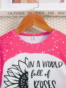 2 件套时尚年轻女孩向日葵和字母印花短袖针织上衣和牛仔效果裤配向日葵腰带夏季服装 - 玫紅色 - 查看 3