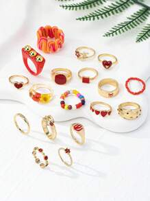 1 set de 18 piezas Juego de joyas de anillos ajustables con flores secas, corazones, arañas y cuentas - Estilo excéntrico y encantador - Multiusos, adecuado para Halloween, San Valentín, Día de la Madre - Colores y patrones aleatorios