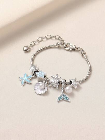 1pc Fashionable And Unique DIY Handmade Beaded Bracelet With Rhinestones, Shells, Starfish, Faux Pearl, Star, Whale Tail, And Turtle Charms For Women. Adjustable And Detachable Copper Chain, Perfect For Beach, Vacation, Party, Casual And Daily Wear, Or As A Gift.