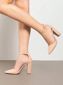 Women Ankle Strap Chunky Heel High Heels Pumps Closed Pointed Toe Fashionable Elegant Wedding Pump Shoes - 杏色 - 查看 4
