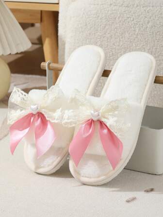 女士冬季家居拖鞋，可爱蝴蝶结家居鞋，简约时尚防滑室内拖鞋