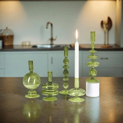 1 Piece Green Transparent Glass Candlestick, Glass Candle Holders For Table Centerpiece, Taper Candle Stand, Modern Style Candle Holder For Dining Table Centerpiece, Wedding, Party, And Home Decor, Room Decor,