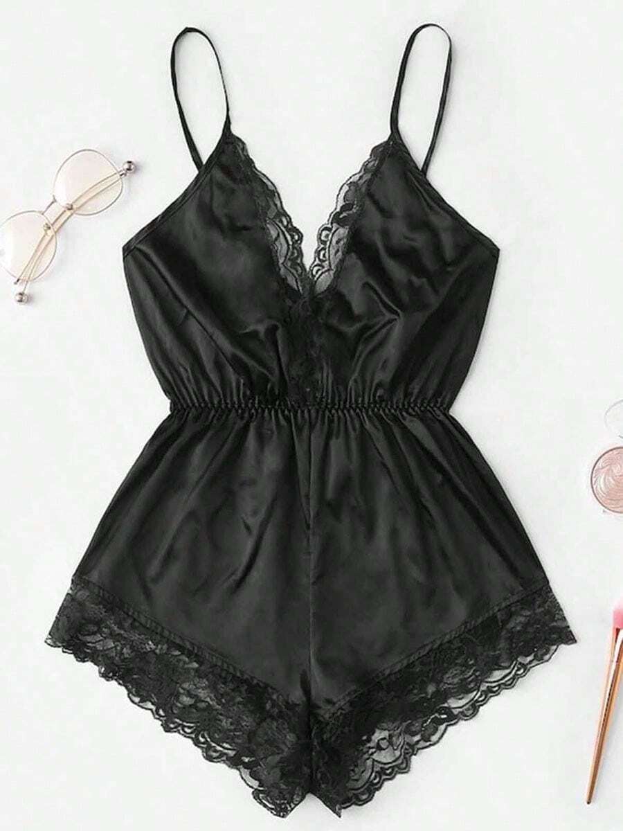 Conjunto de pijama para mujer Pijama de una pieza de encaje Sexy Fashion Comfortable Homewear - Negro - Ver 1