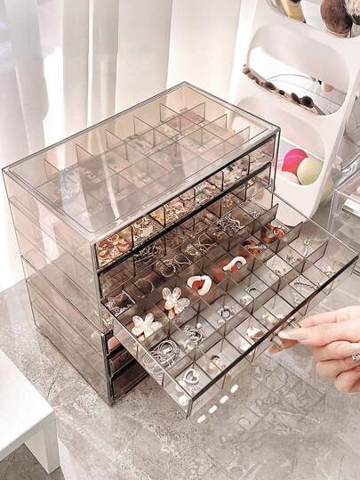 1pc Multi-Compartment Transparent Jewelry Storage Box And 1pc Acrylic Transparent Jewelry Box, Three-Layer 72-Grid High-Capacity Portable Jewelry Storage Box, Bathroom Storage Box, Desktop Storage Drawer Box, Stackable Storage Box Storage Rack, Dressing Table Jewelry Storage Box With Drawer Back To School