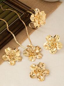 5pcs/Set Fashionable, Exquisite & Elegant Metal Flower Pendant Necklace, Earrings, Ring & Bangle Set Suitable For Women To Wear On Evening Parties, Gatherings, Holidays, And To Give As Gifts For Festivals Valentines,Mom,Mother,Mother's Day,Gift - Yellow Gold - View 4
