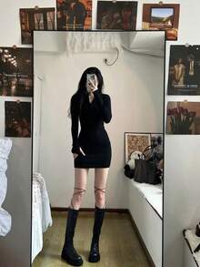 Vestido ajustado de punto con cremallera y cuello en V para mujer - Negro - Ver 3