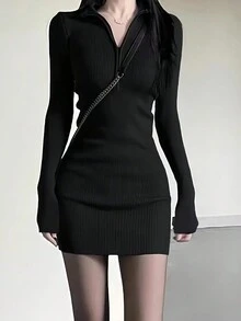 Vestido ajustado de punto con cremallera y cuello en V para mujer - Negro - Ver 4