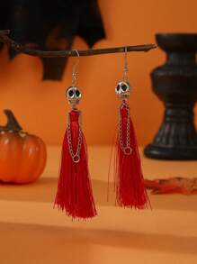 1pair Haunting Skeleton Bride Thread Tassel Dangle Earrings - Gothic Halloween Zinc Alloy Jewelry For Spooky Party Enthusiasts - Ghost Festival Ear Ornaments - Halloween - View 8