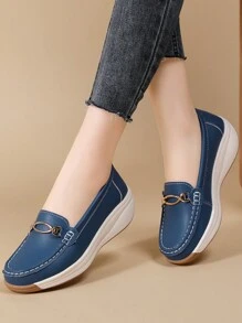 Women's Thick Sole Loafers Soft Bottom Spring Autumn Handmade Stitching Slip-On Casual Wedge Shoes