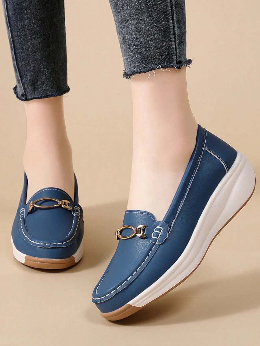 Women's Thick Sole Loafers Soft Bottom Spring Autumn Handmade Stitching Slip-On Casual Wedge Shoes