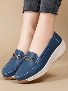 Women's Thick Sole Loafers Soft Bottom Spring Autumn Handmade Stitching Slip-On Casual Wedge Shoes