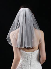 白色优雅新娘面纱，齐肩头纱饰有仿珍珠，适合女性婚礼秋季女士服装 - 白色 - 查看 5
