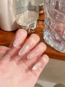 100% Puntas de Uña de Almendra Hechas a Mano Presionadas 10pcs Consejos de Uñas de Albaricoque Brillante Glossy Cat's Eye Uñas Manual con Brillo Rhinestones Encantos de Uñas Falsas Puntas de Uñas Reutilizables para Diseño de Arte de Uñas de Cuatro Estaciones Uso Diario uñas falsas uña falsa uña acrílica