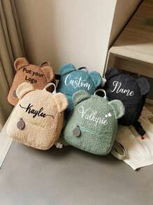 1pc Customizable Cartoon Plush Backpack With Embroiderable Name, Cute Bear Design, Fluffy Sheepskin Student School Bag With Zipper Pouch - Black - View 6