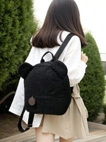 1pc Customizable Cartoon Plush Backpack With Embroiderable Name, Cute Bear Design, Fluffy Sheepskin Student School Bag With Zipper Pouch - Black - View 3