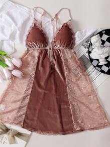 女性性感內衣，蕾絲拼接絲絨交叉前背吊帶連身夜裙 - 粉色 - 查看 10