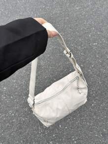 復古歐美風格皮革拉鍊肩背/手提/手包，獨特設計 - 米色 - 查看 7